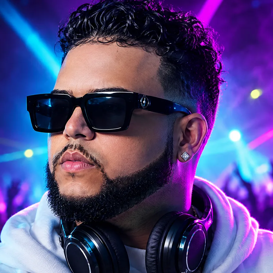 DJ Joel con audífonos y luces de fiesta